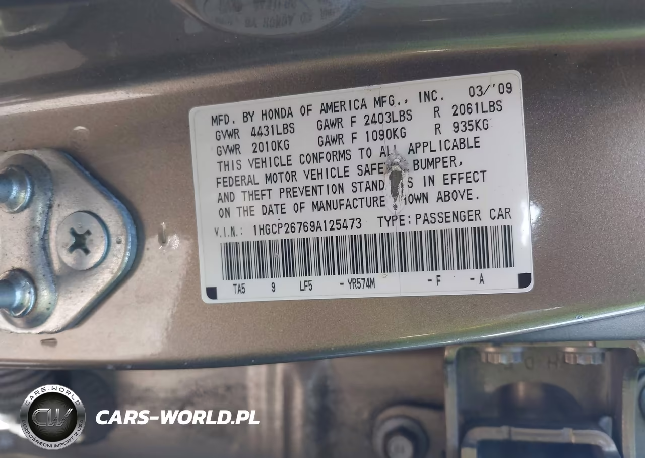 2009 Honda Accord 2.4 Ex VIN:1HGCP26769A125473 - 9