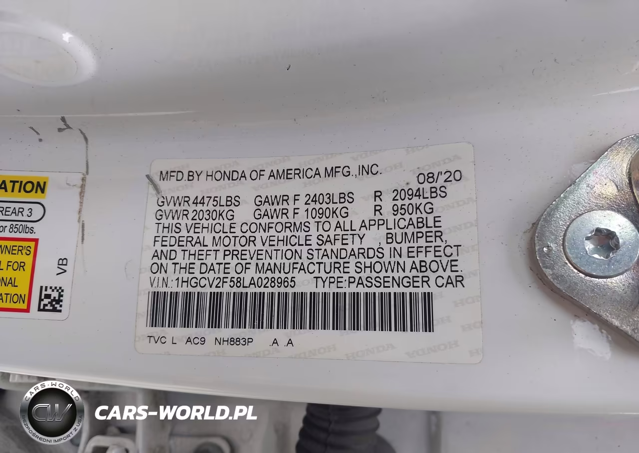 2020 Honda Accord Ex-L 2.0T VIN:1HGCV2F58LA028965 - 9