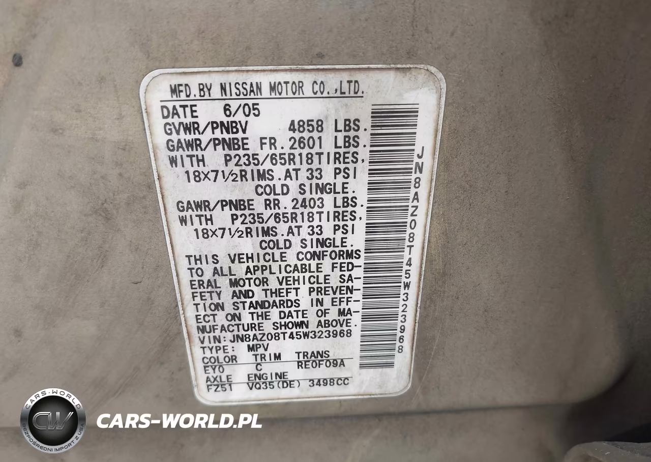 2005 Nissan Murano S VIN:JN8AZ08T45W323968 - 9