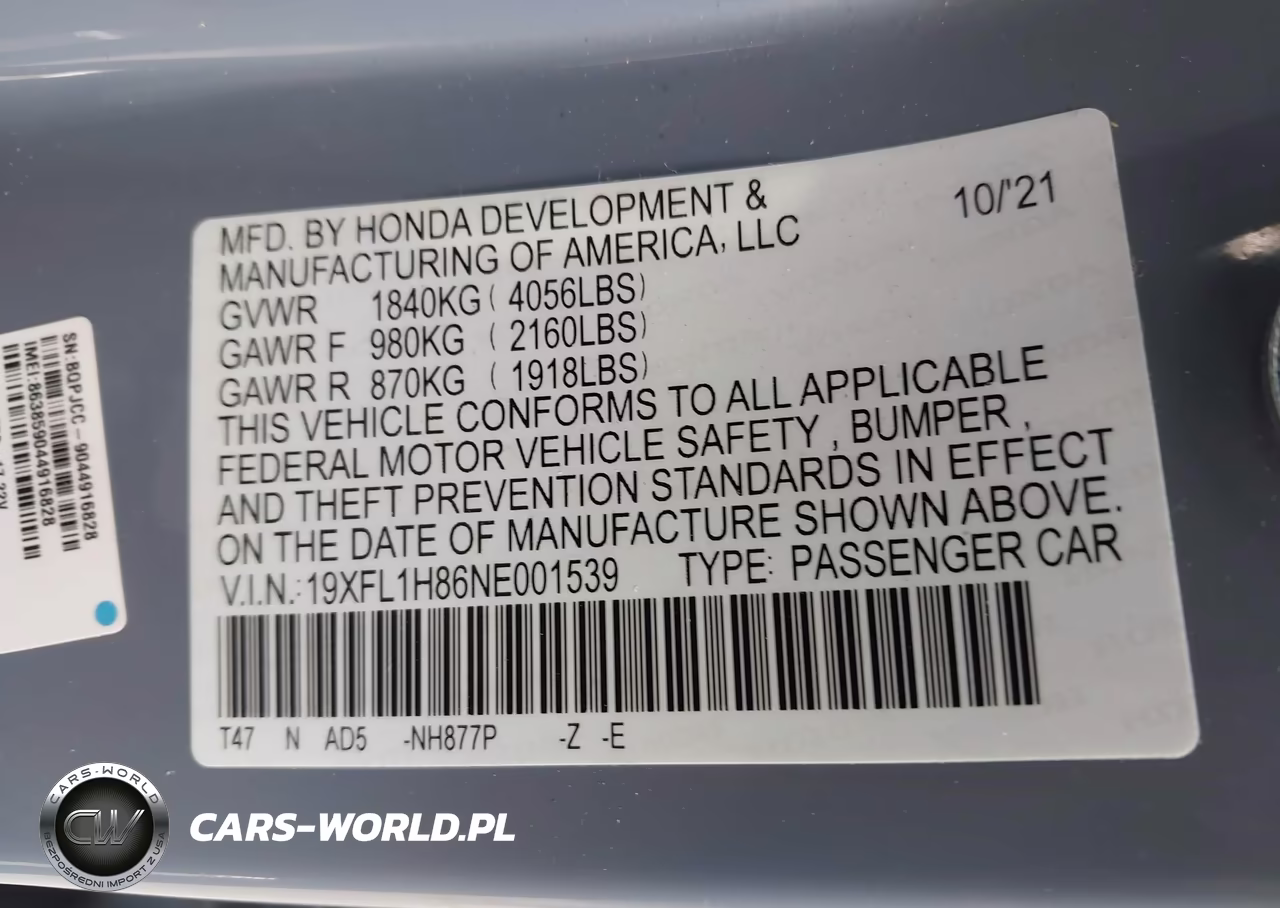 2022 Honda Civic Sport Touring VIN:19XFL1H86NE001539 - 9
