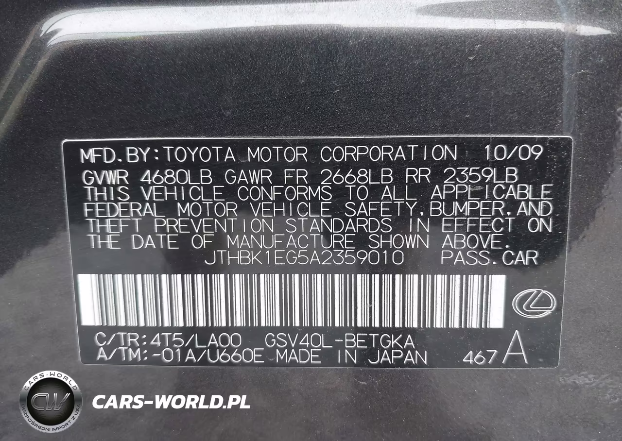 2010 Lexus Es 350 VIN:JTHBK1EG5A2359010 - 9
