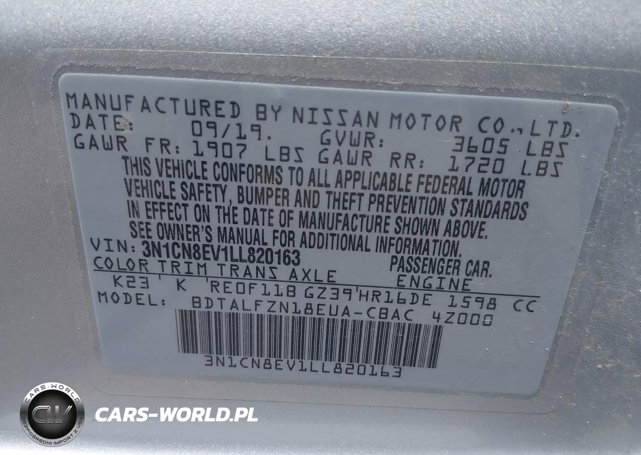 2020 Nissan Versa Sv Xtronic Cvt VIN:3N1CN8EV1LL820163 - 9
