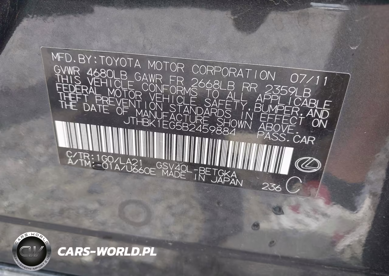 2011 Lexus Es 350 VIN:JTHBK1EG5B2459884 - 9