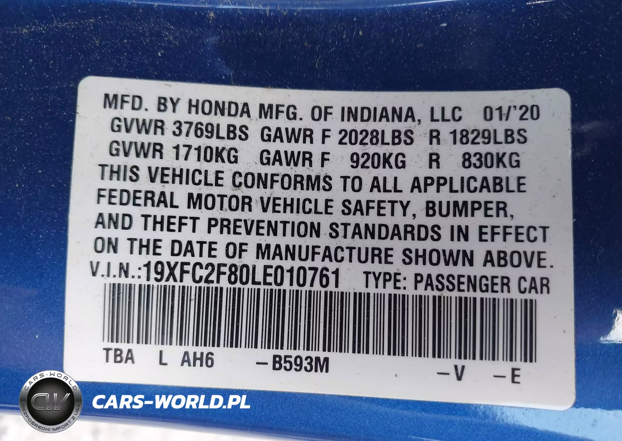 2020 Honda Civic Sport VIN:19XFC2F80LE010761 - 9