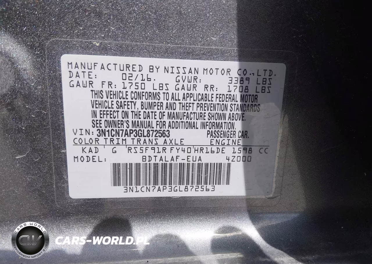 2016 Nissan Versa 1.6 S VIN:3N1CN7AP3GL872563 - 9