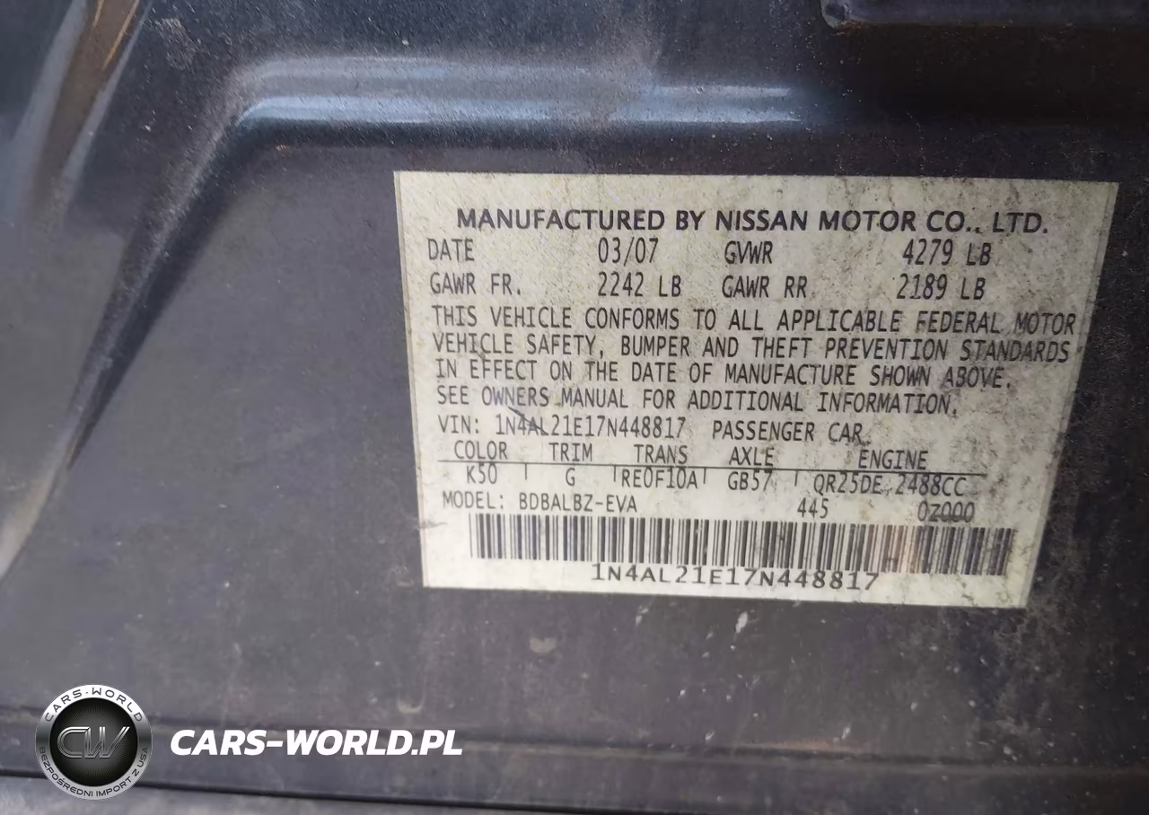2007 Nissan Altima 2.5 S VIN:1N4AL21E17N448817 - 9