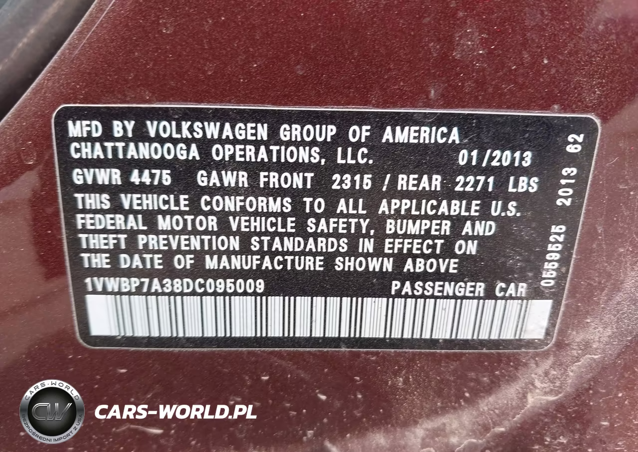 2013 Volkswagen Passat 2.5L Se VIN:1VWBP7A38DC095009 - 9