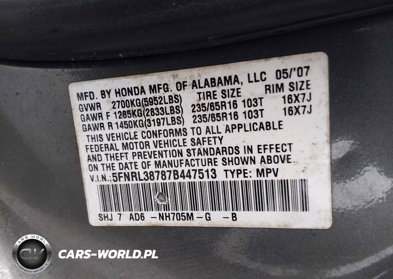 2007 Honda Odyssey Ex-L VIN:5FNRL38787B447513 - 9