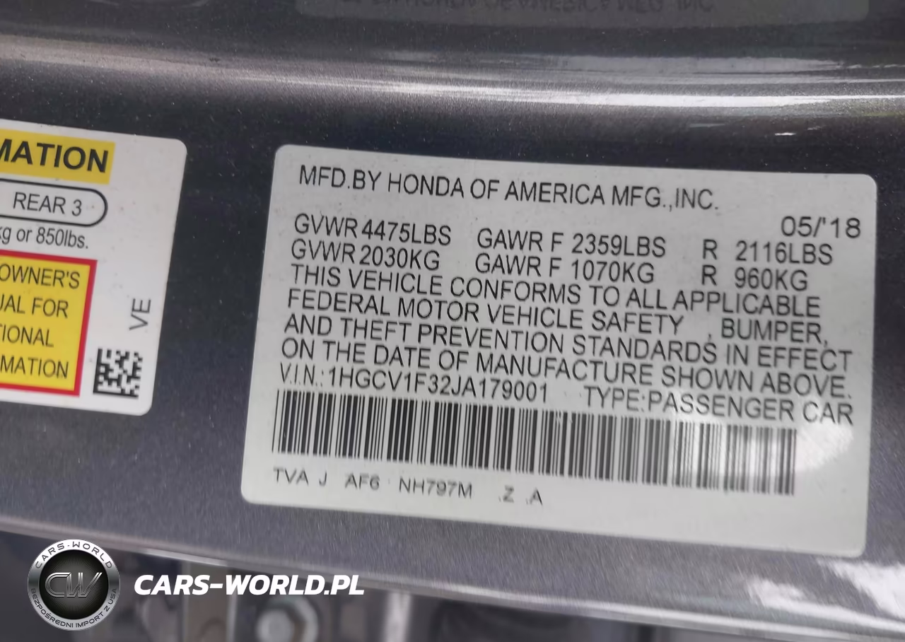 2018 Honda Accord Sport VIN:1HGCV1F32JA179001 - 9