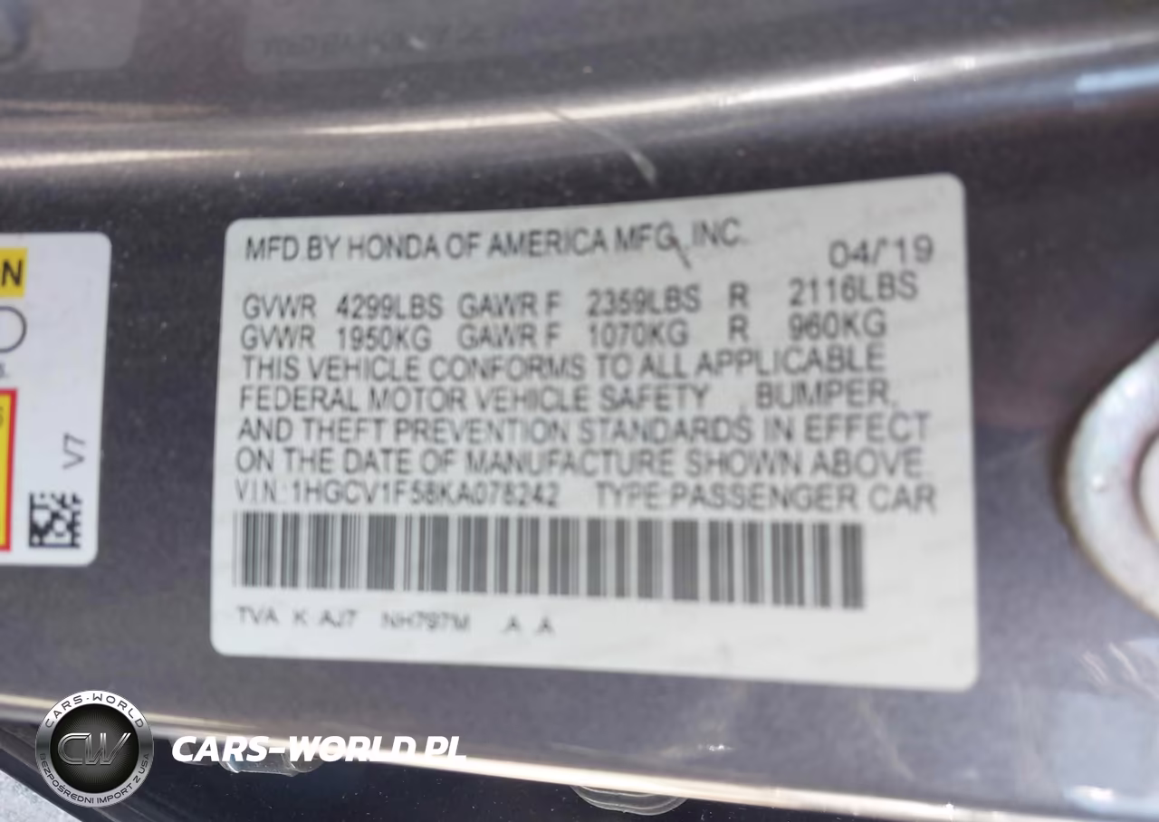 2019 Honda Accord Ex-L 1.5T VIN:1HGCV1F58KA078242 - 9