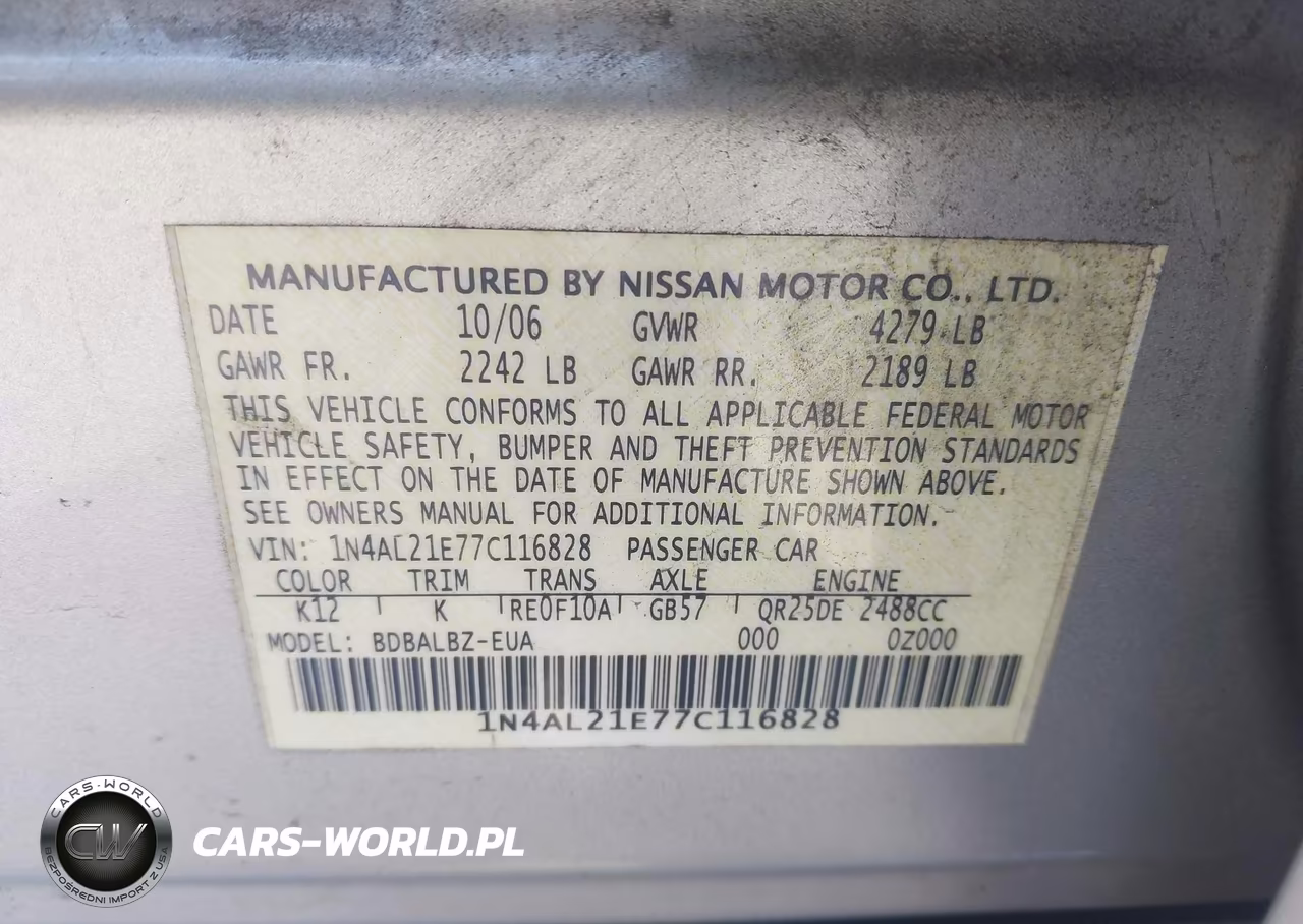2007 Nissan Altima 2.5 S VIN:1N4AL21E77C116828 - 9