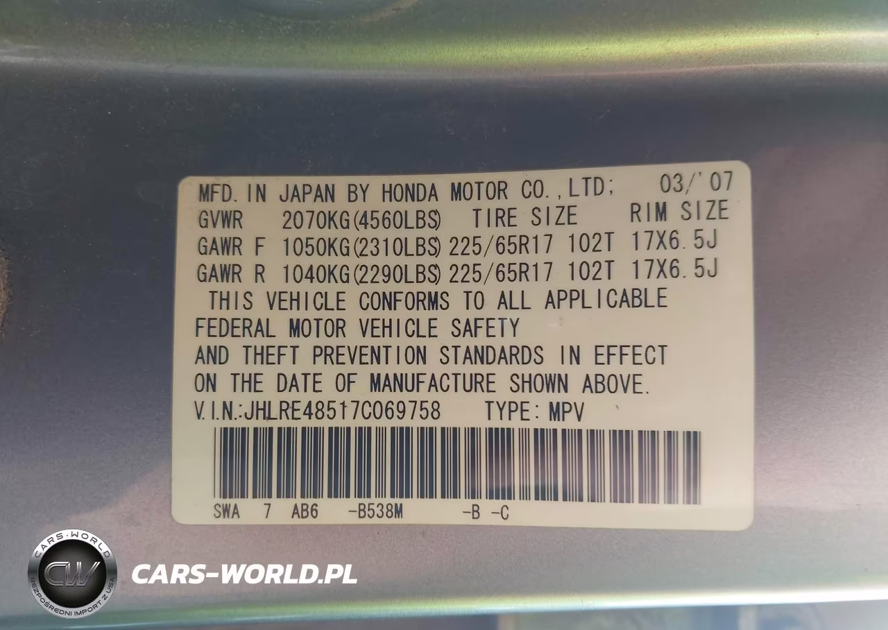 2007 Honda Cr-V Ex VIN:JHLRE48517C069758 - 9