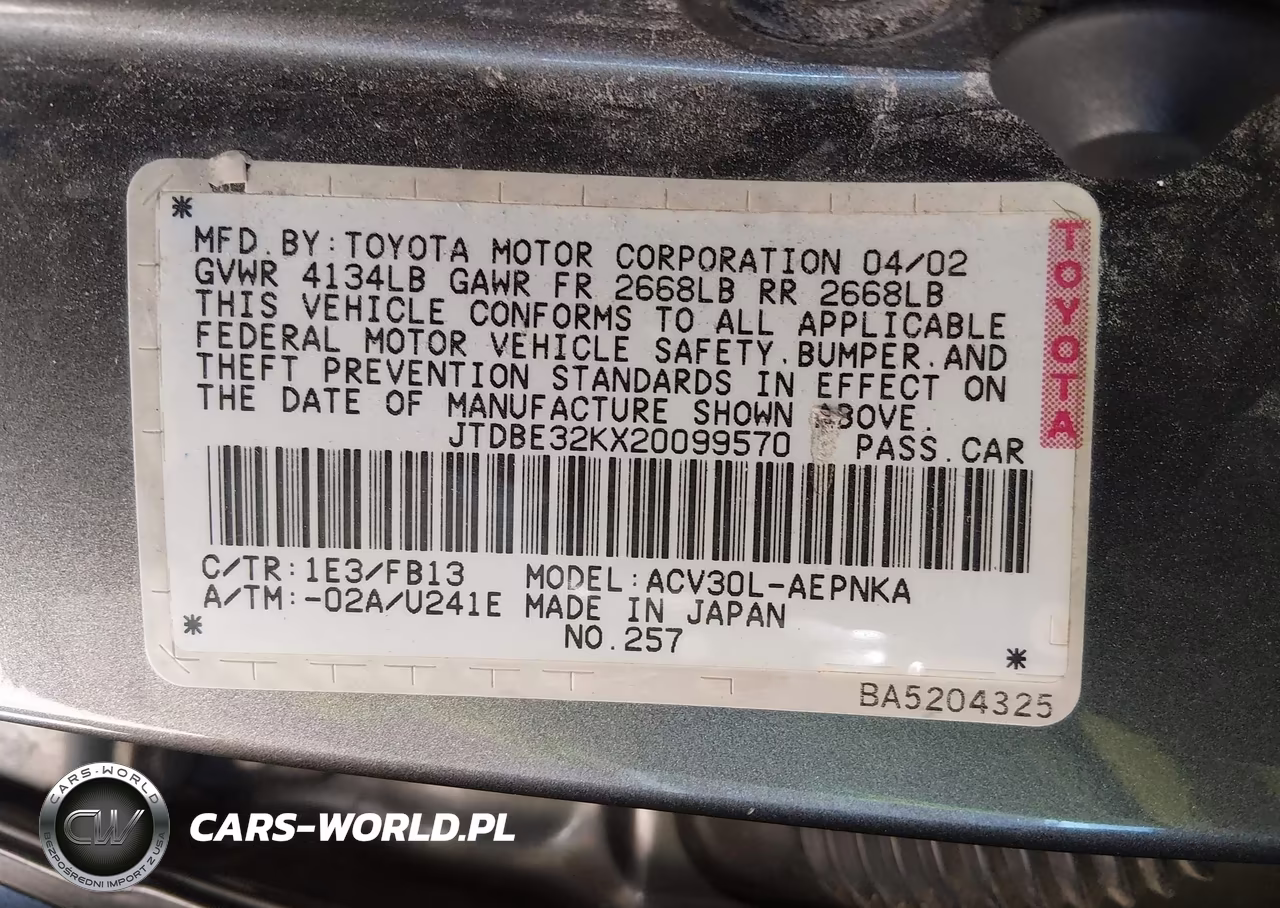 2002 Toyota Camry Le VIN:JTDBE32KX20099570 - 9