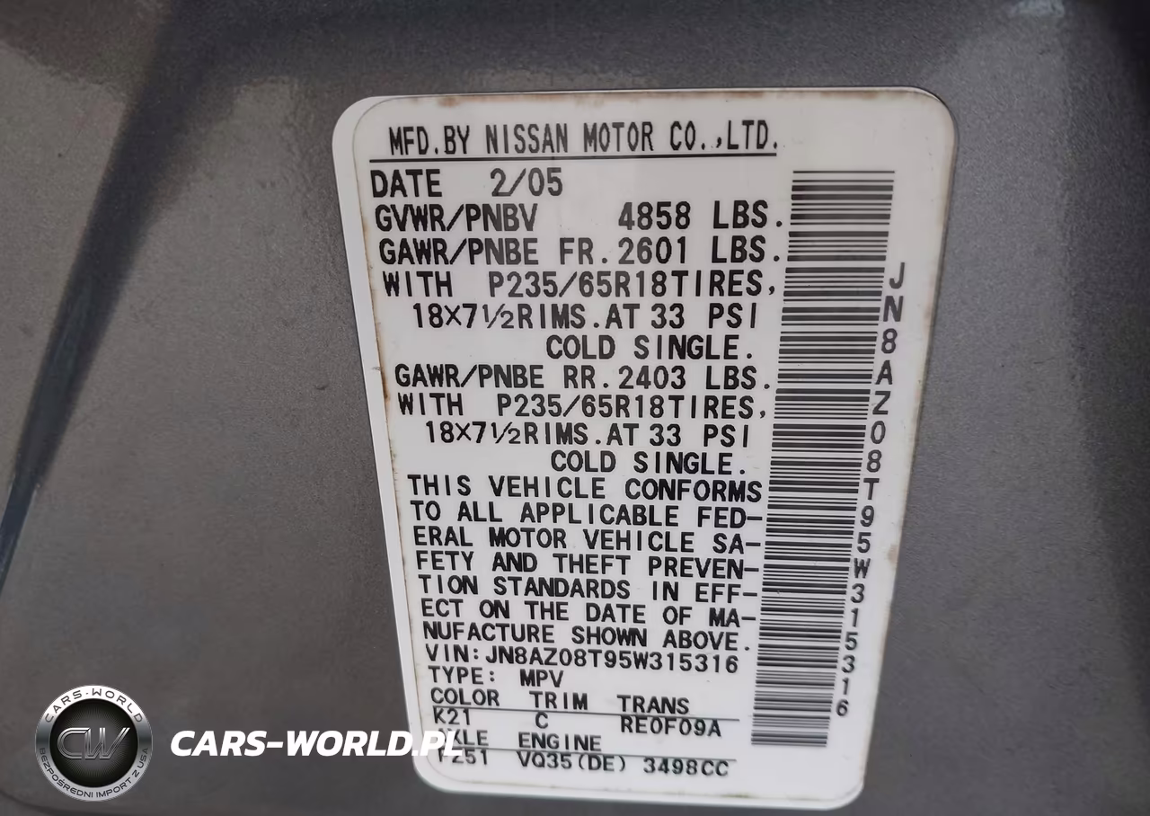 2005 Nissan Murano Se VIN:JN8AZ08T95W315316 - 9