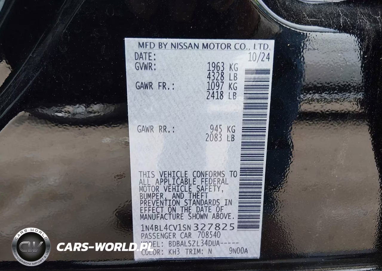 2025 Nissan Altima Sr Fwd VIN:1N4BL4CV1SN327825 - 9