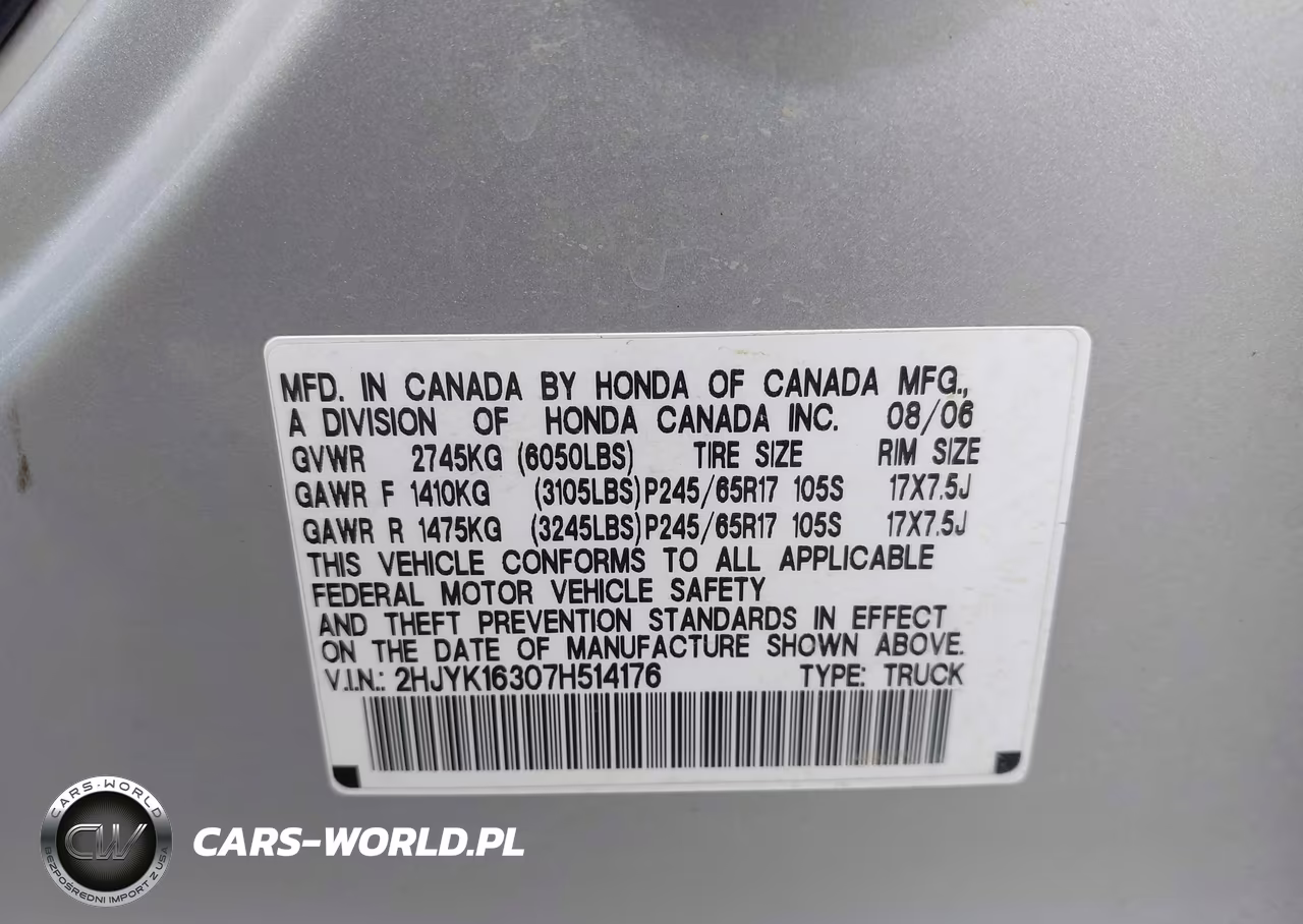 2007 Honda Ridgeline Rtx VIN:2HJYK16307H514176 - 9