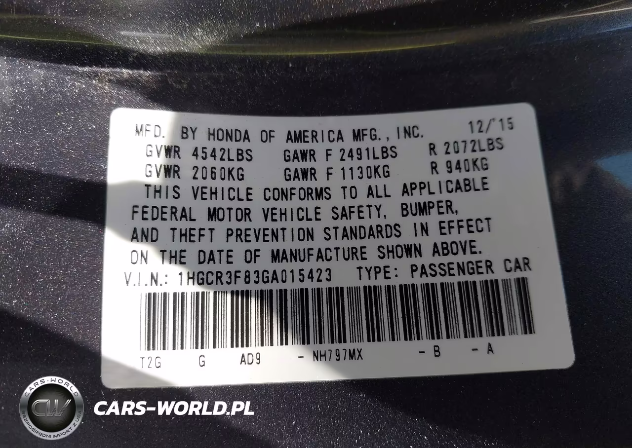 2016 Honda Accord Ex-L V-6 VIN:1HGCR3F83GA015423 - 9
