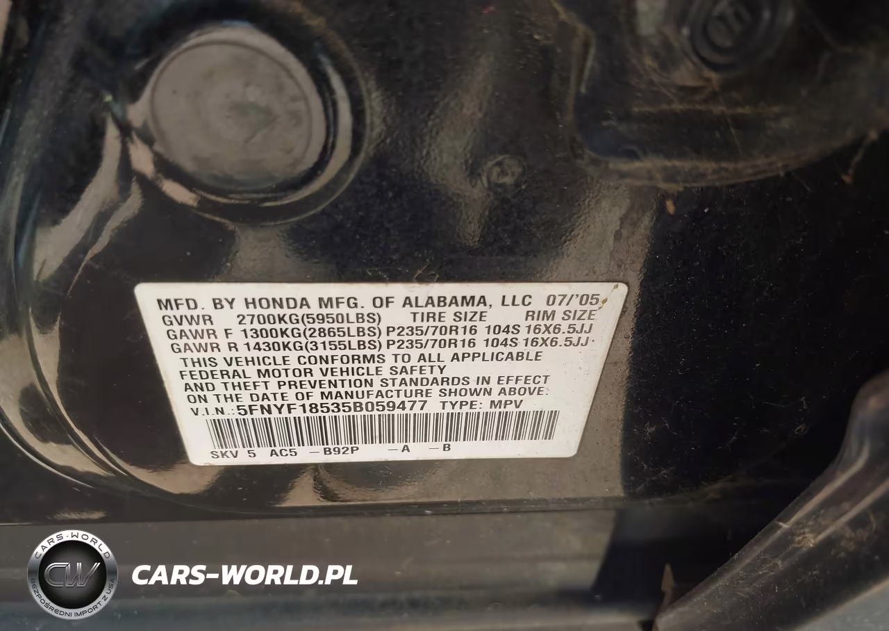 2005 Honda Pilot Ex-L VIN:5FNYF18535B059477 - 9