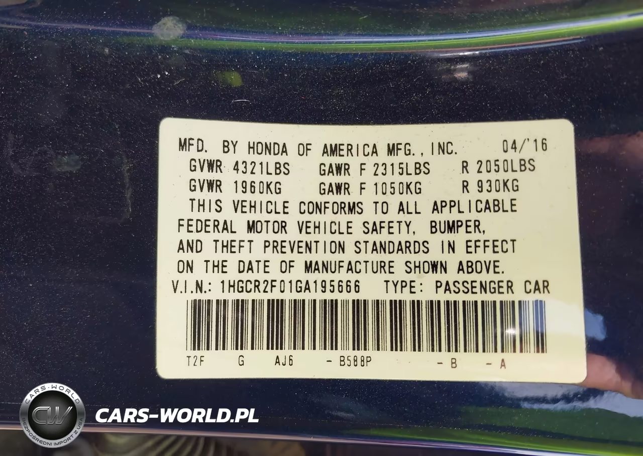 2016 Honda Accord Ex VIN:1HGCR2F01GA195666 - 9
