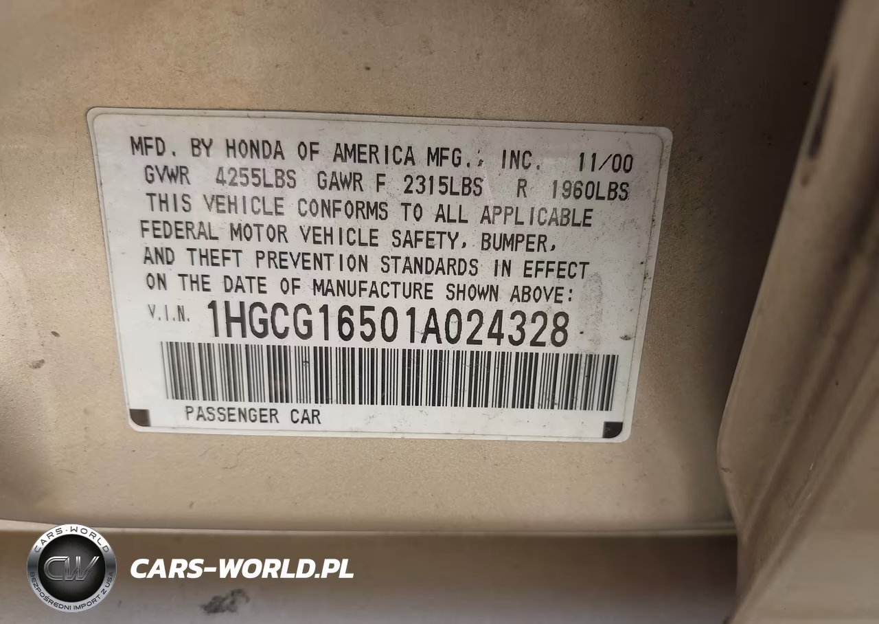 2001 Honda Accord 3.0 Ex VIN:1HGCG16501A024328 - 9
