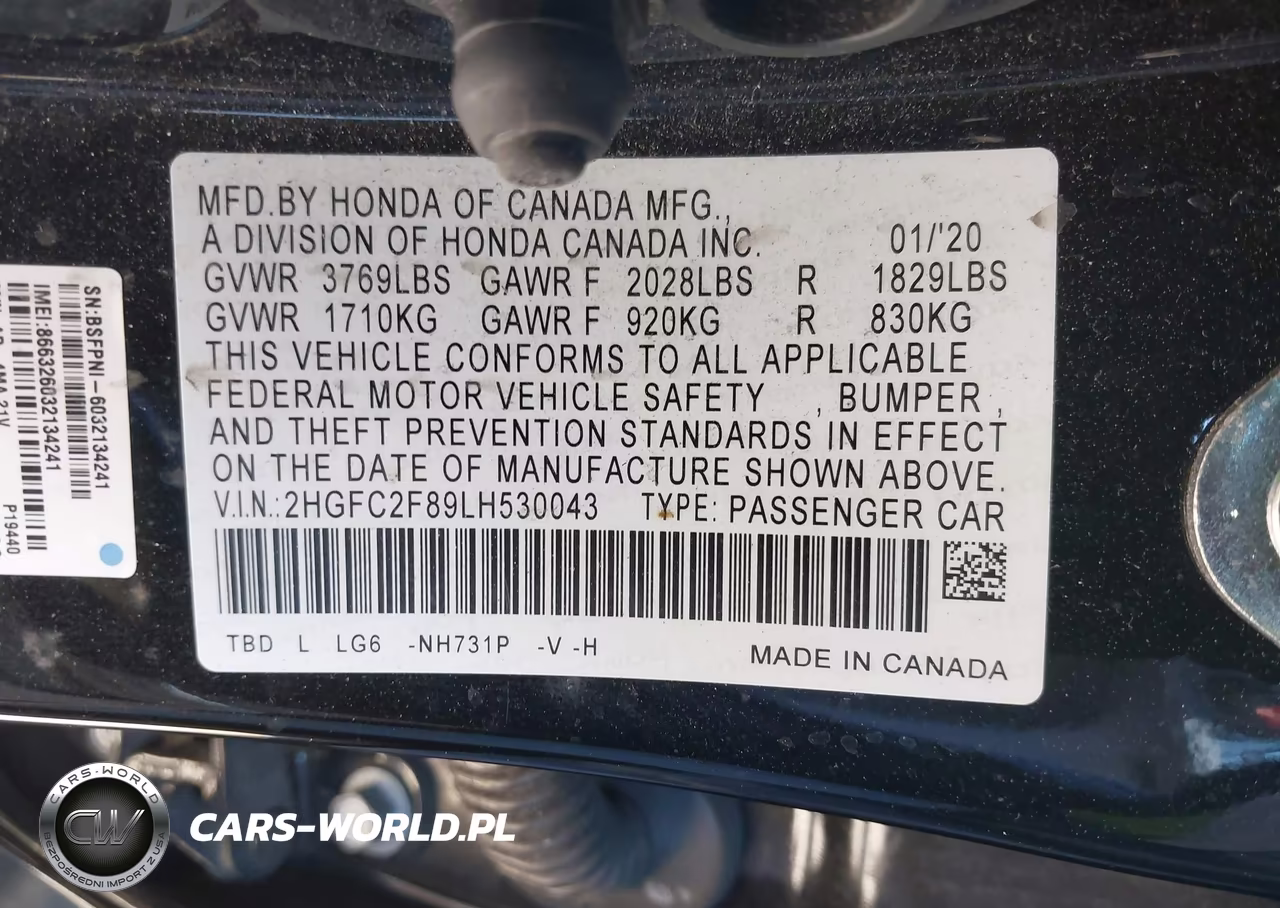 2020 Honda Civic Sport VIN:2HGFC2F89LH530043 - 9