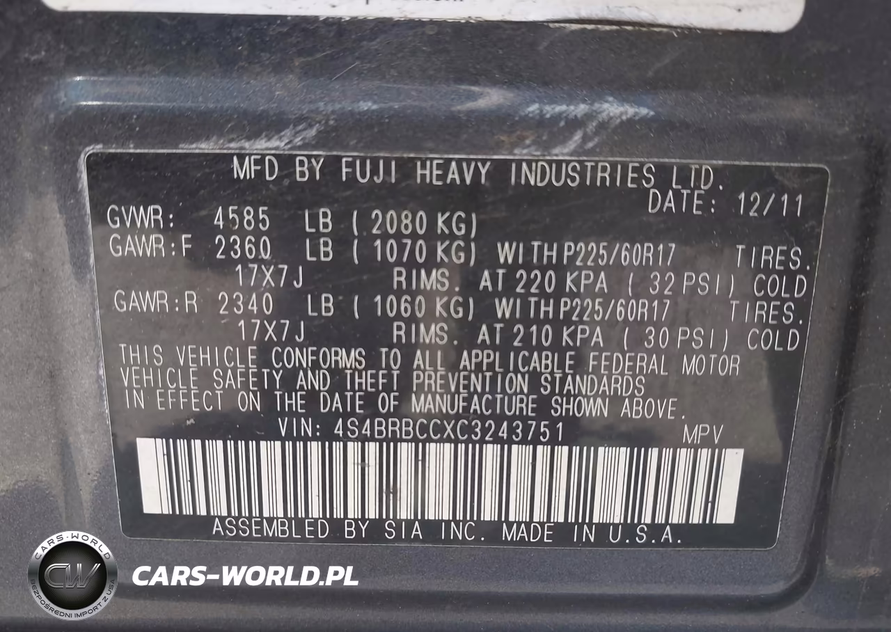 2012 Subaru Outback 2.5I Premium VIN:4S4BRBCCXC3243751 - 9