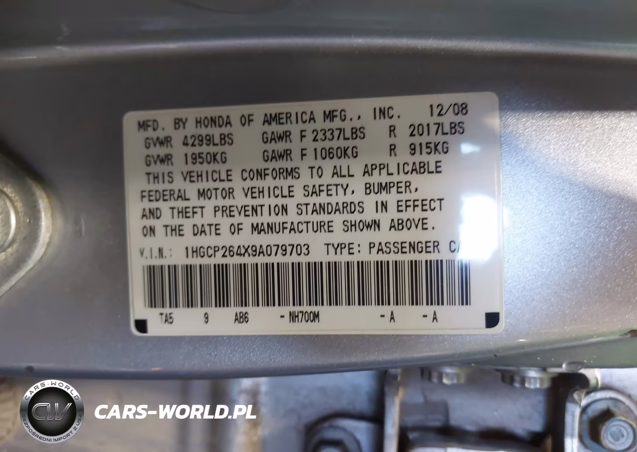 2009 Honda Accord 2.4 Lx-P VIN:1HGCP264X9A079703 - 9
