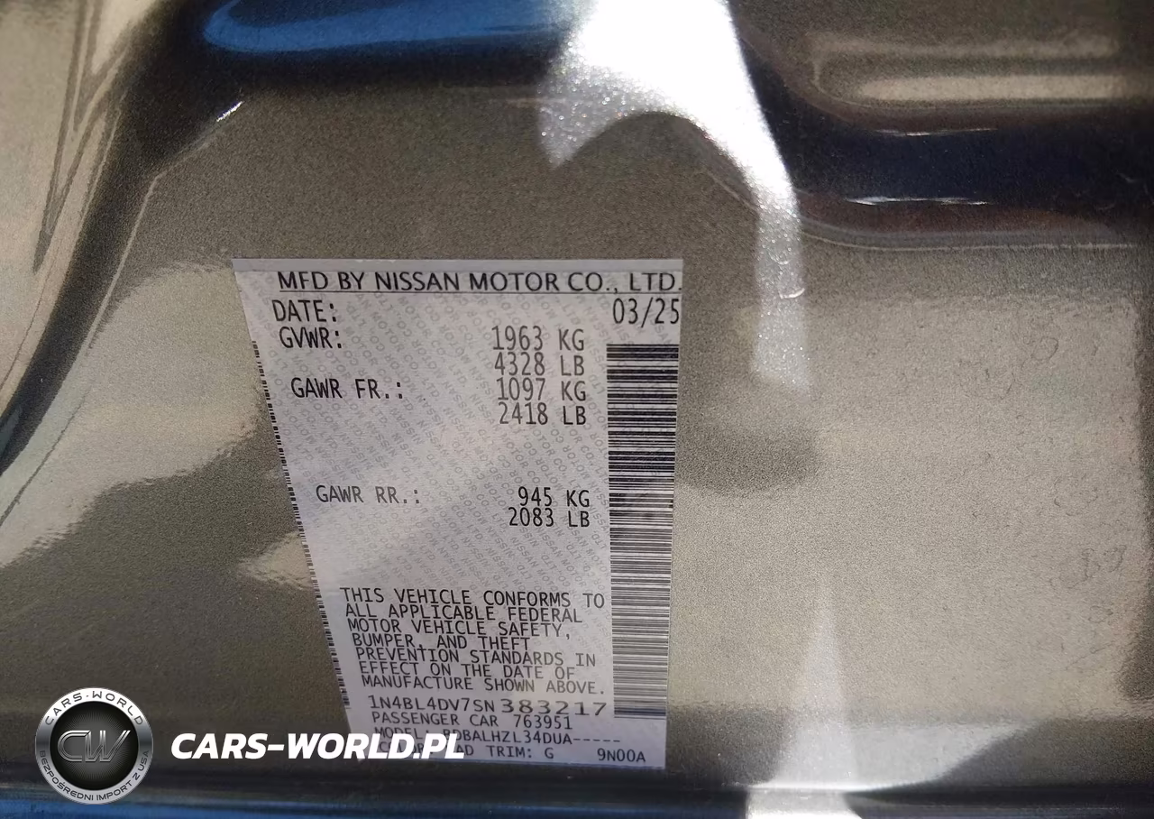 2025 Nissan Altima Sv Fwd VIN:1N4BL4DV7SN383217 - 9