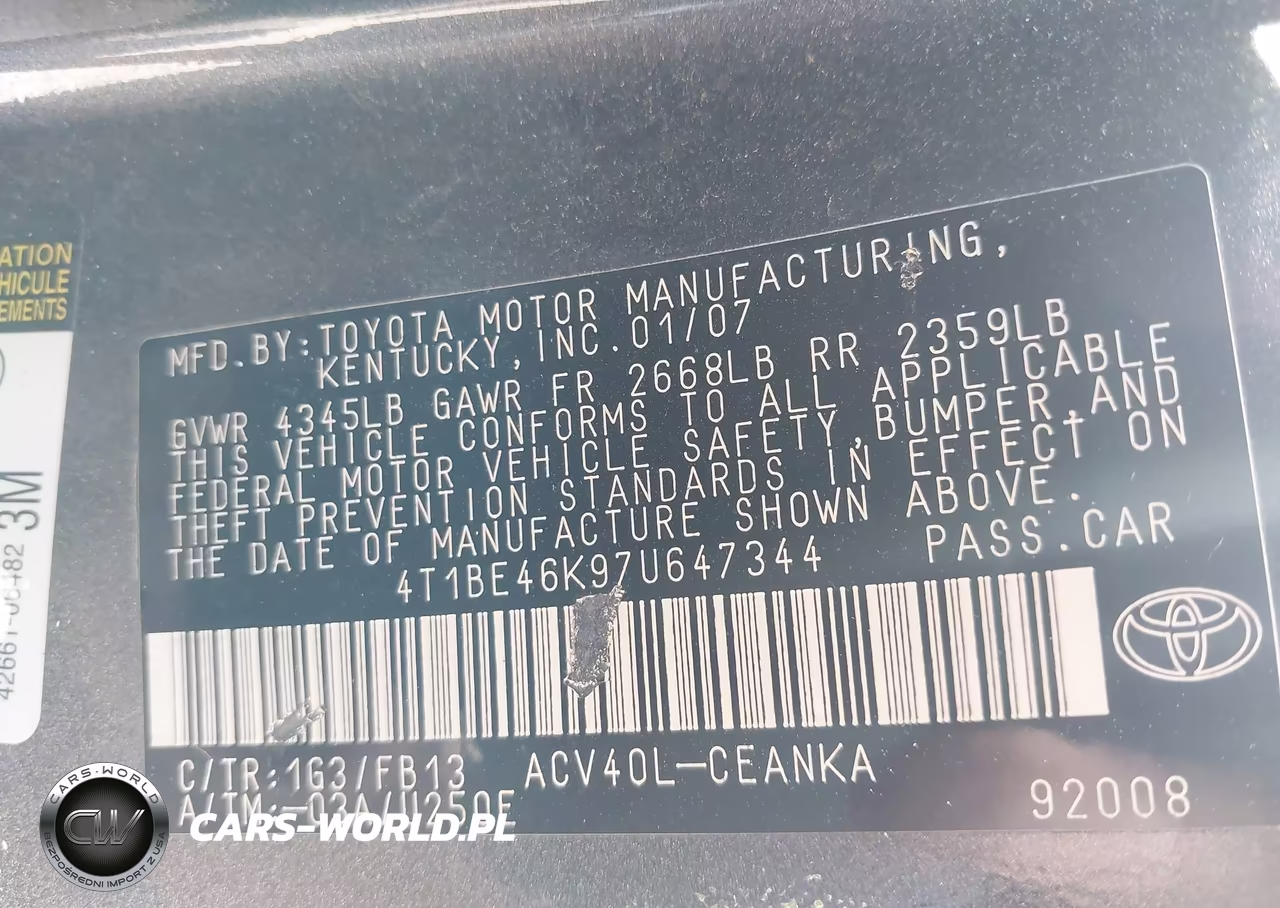 2007 Toyota Camry Le VIN:4T1BE46K97U647344 - 9