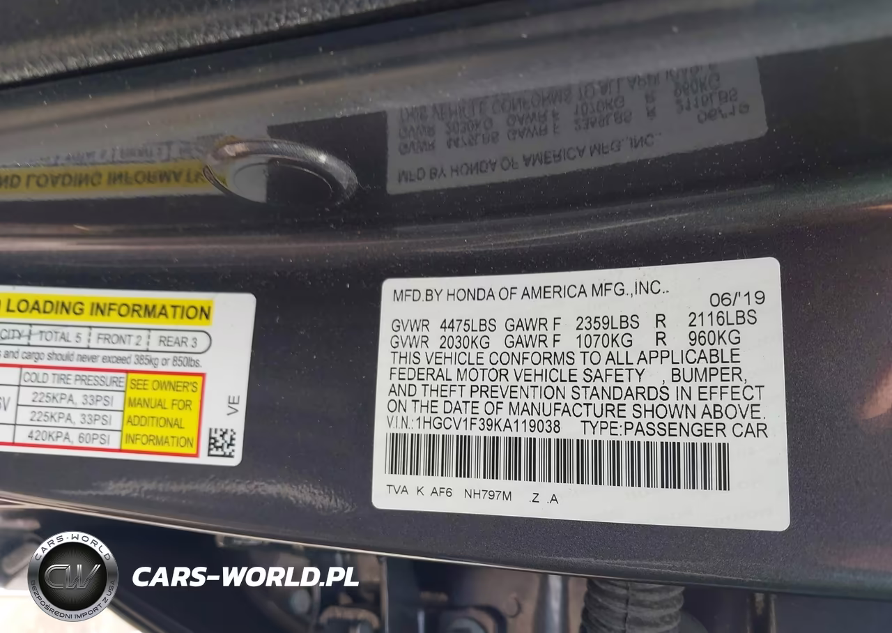 2019 Honda Accord Sport VIN:1HGCV1F39KA119038 - 9