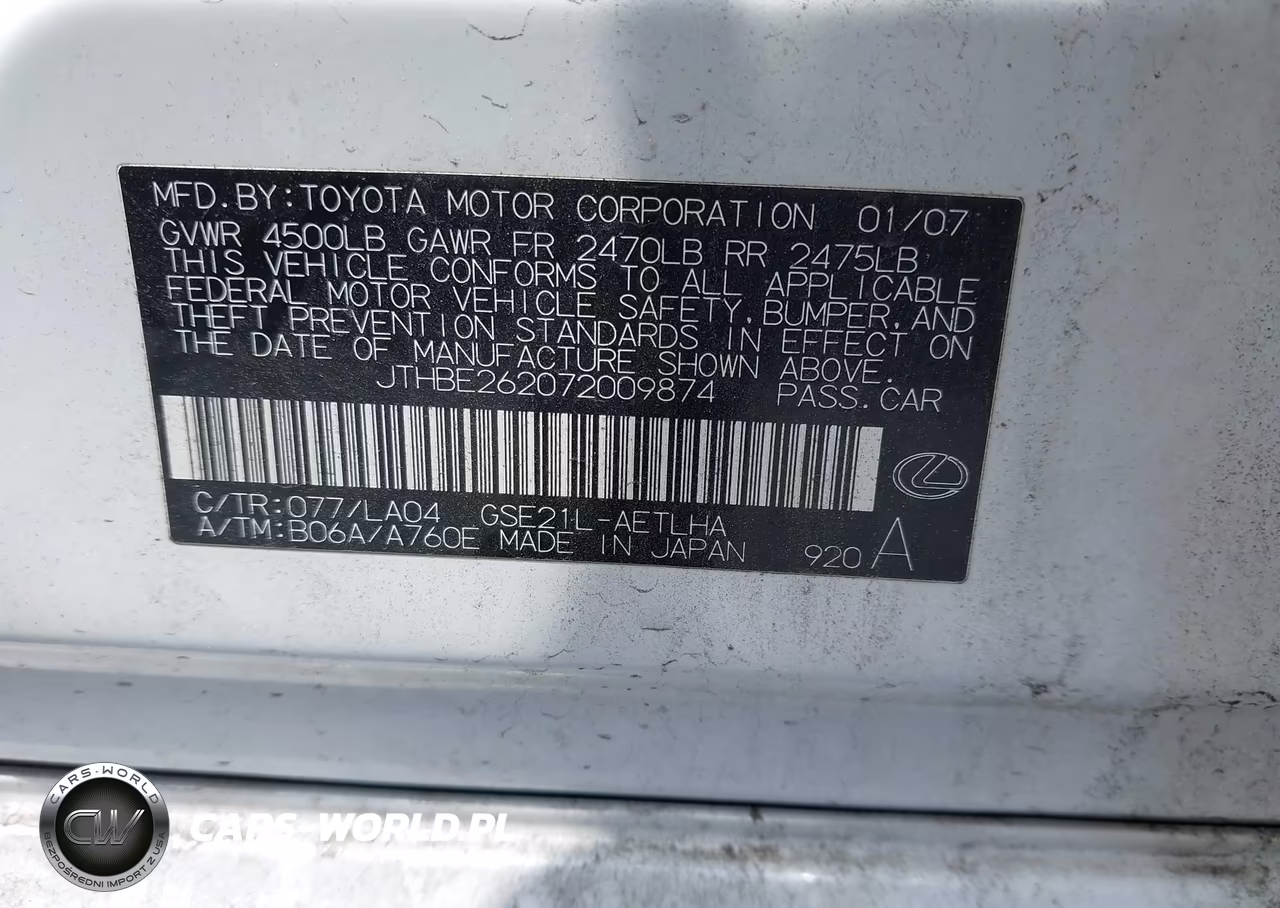 2007 Lexus Is 350 VIN:JTHBE262072009874 - 9