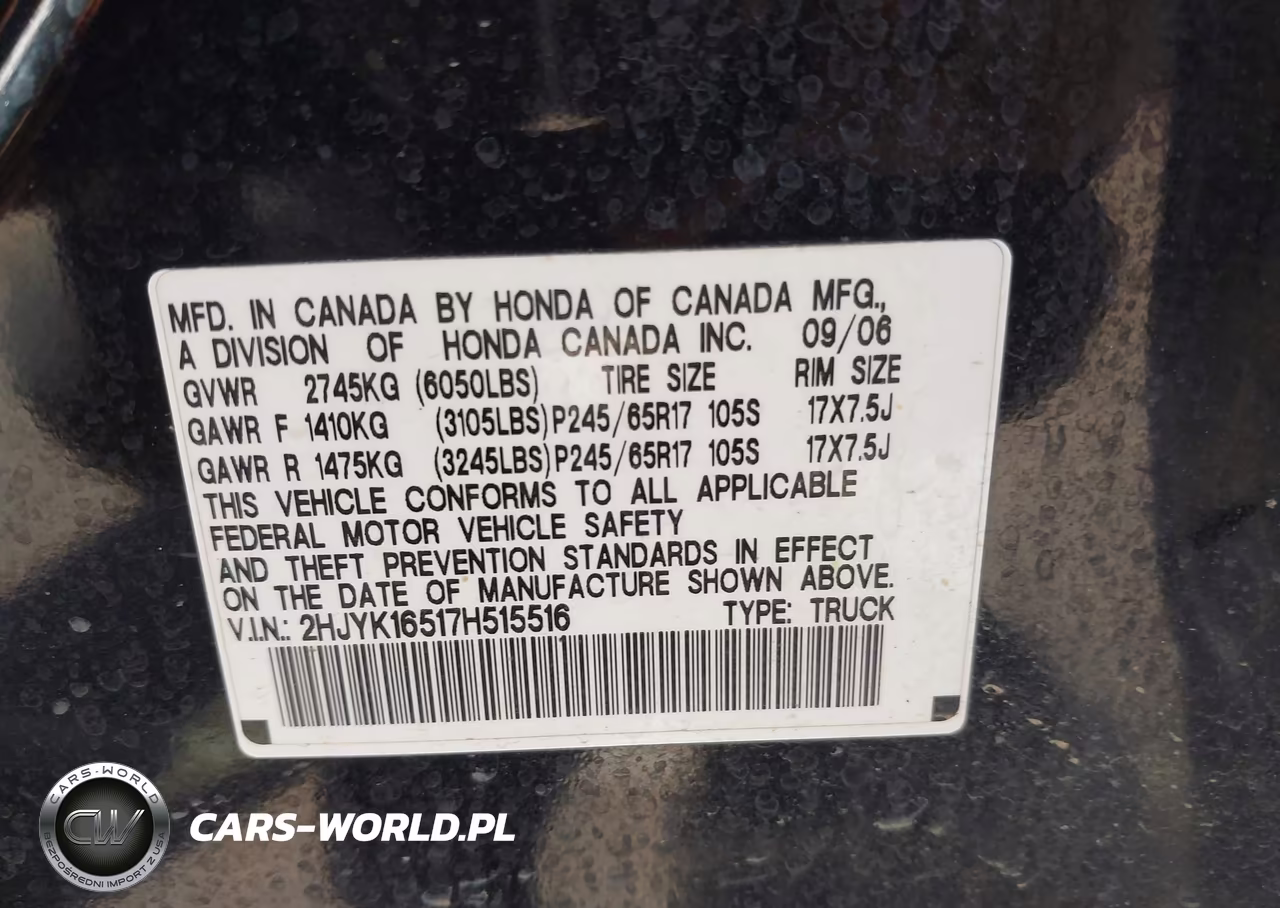 2007 Honda Ridgeline Rtl VIN:2HJYK16517H515516 - 9