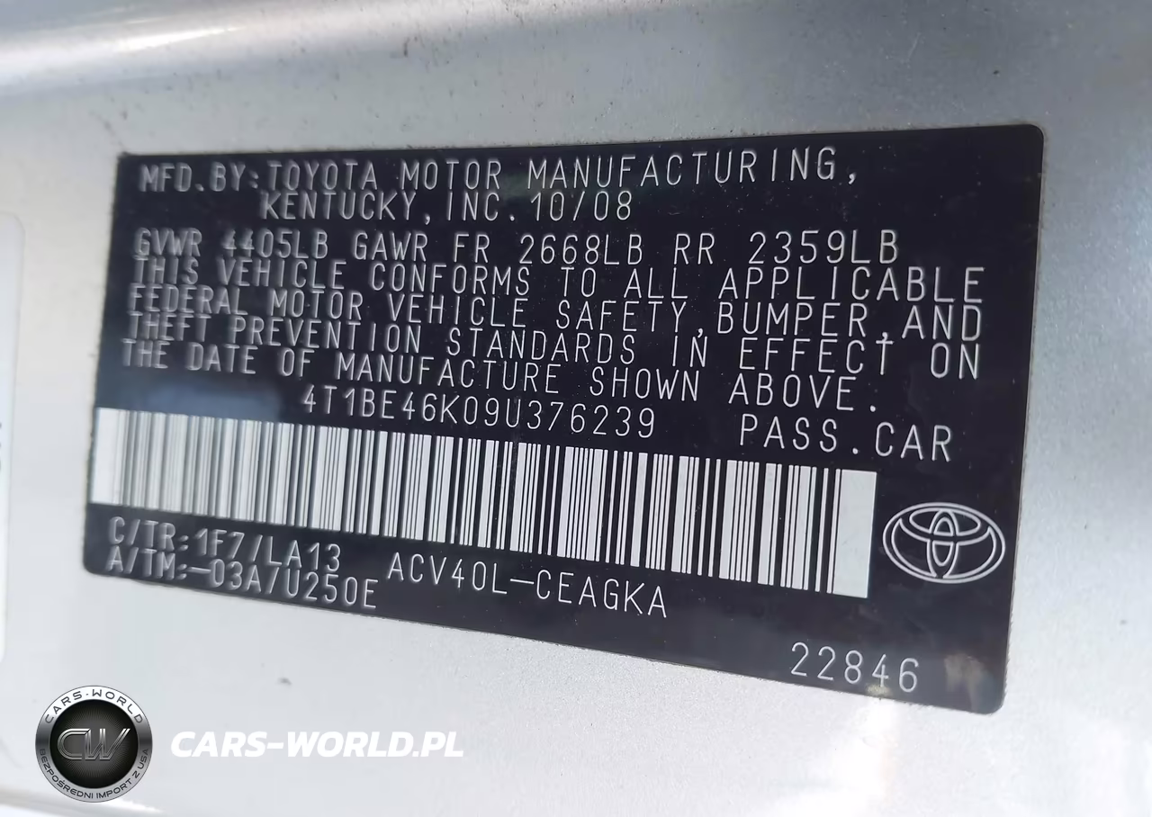 2009 Toyota Camry Xle VIN:4T1BE46K09U376239 - 9
