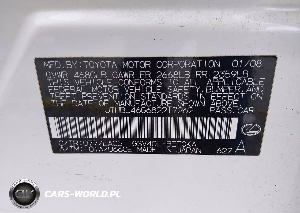 2008 Lexus Es 350 VIN:JTHBJ46G682217262 - 9