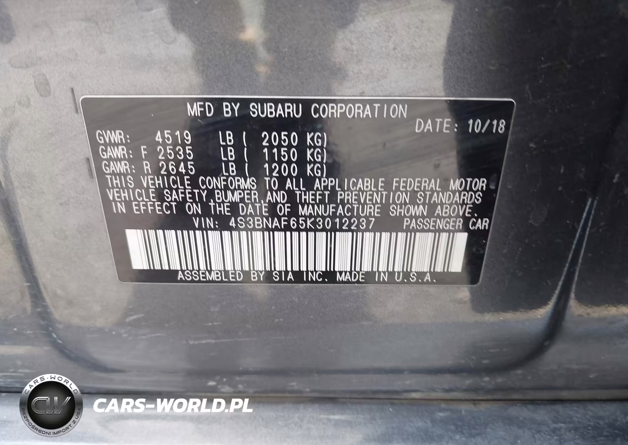 2019 Subaru Legacy 2.5I Premium VIN:4S3BNAF65K3012237 - 9