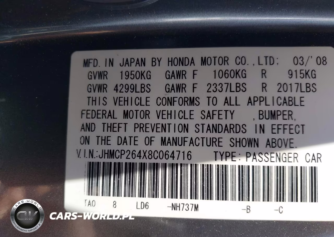 2008 Honda Accord 2.4 Lx-P VIN:JHMCP264X8C064716 - 9