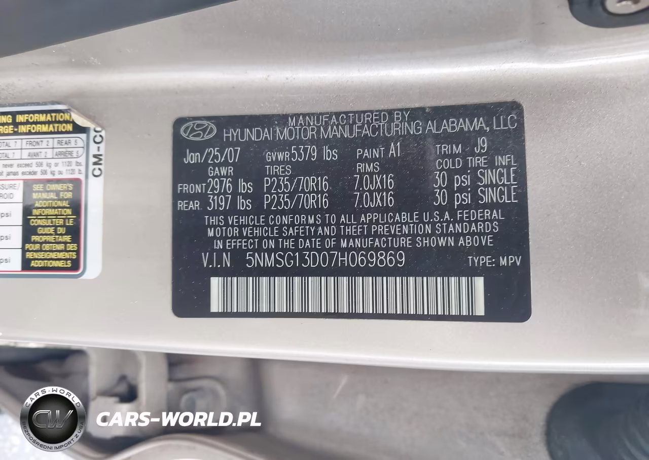 2007 Hyundai Santa Fe Gls VIN:5NMSG13D07H069869 - 9