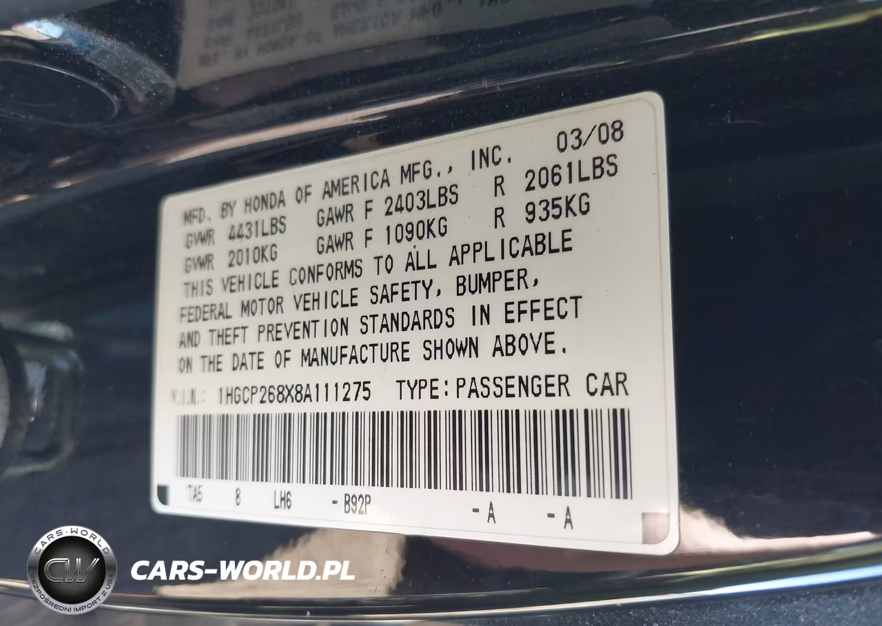2008 Honda Accord 2.4 Ex-L VIN:1HGCP268X8A111275 - 9