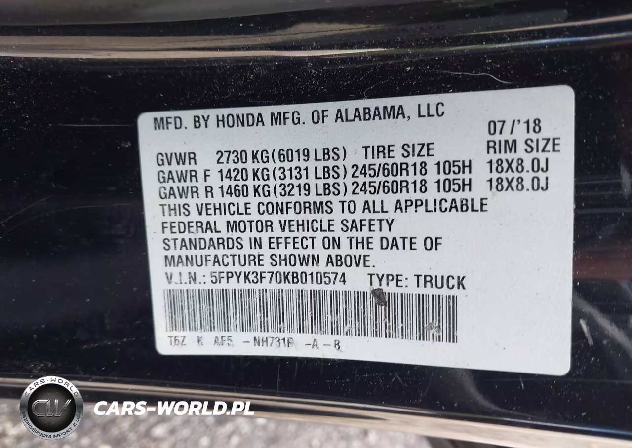 2019 Honda Ridgeline Rtl-E VIN:5FPYK3F70KB010574 - 9