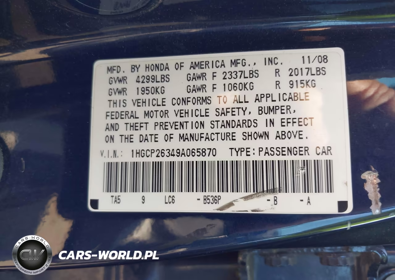 2009 Honda Accord 2.4 Lx VIN:1HGCP26349A065870 - 9