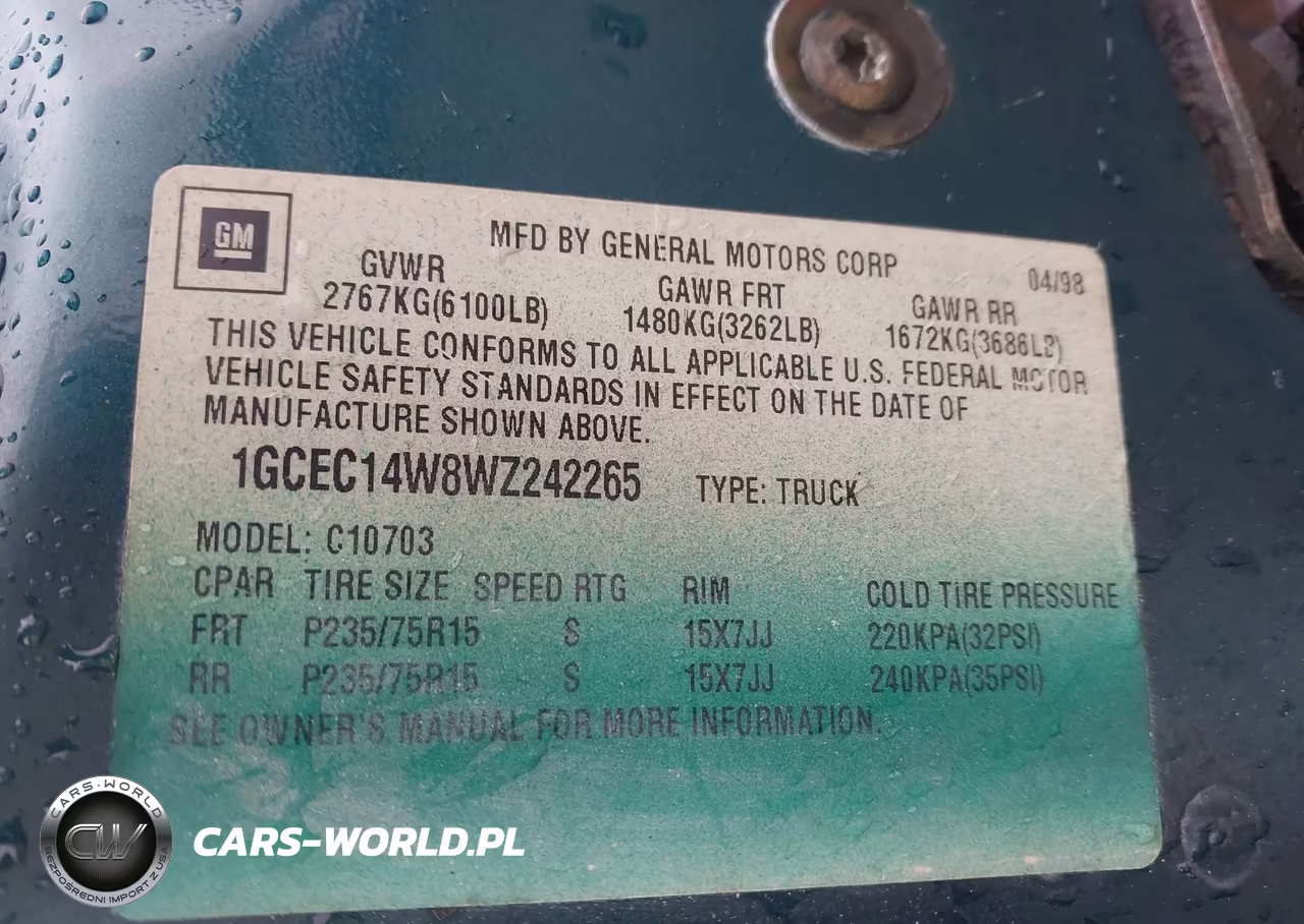 1998 Chevrolet C-K 1500 Work Fleetside W-T VIN:1GCEC14W8WZ242265 - 9