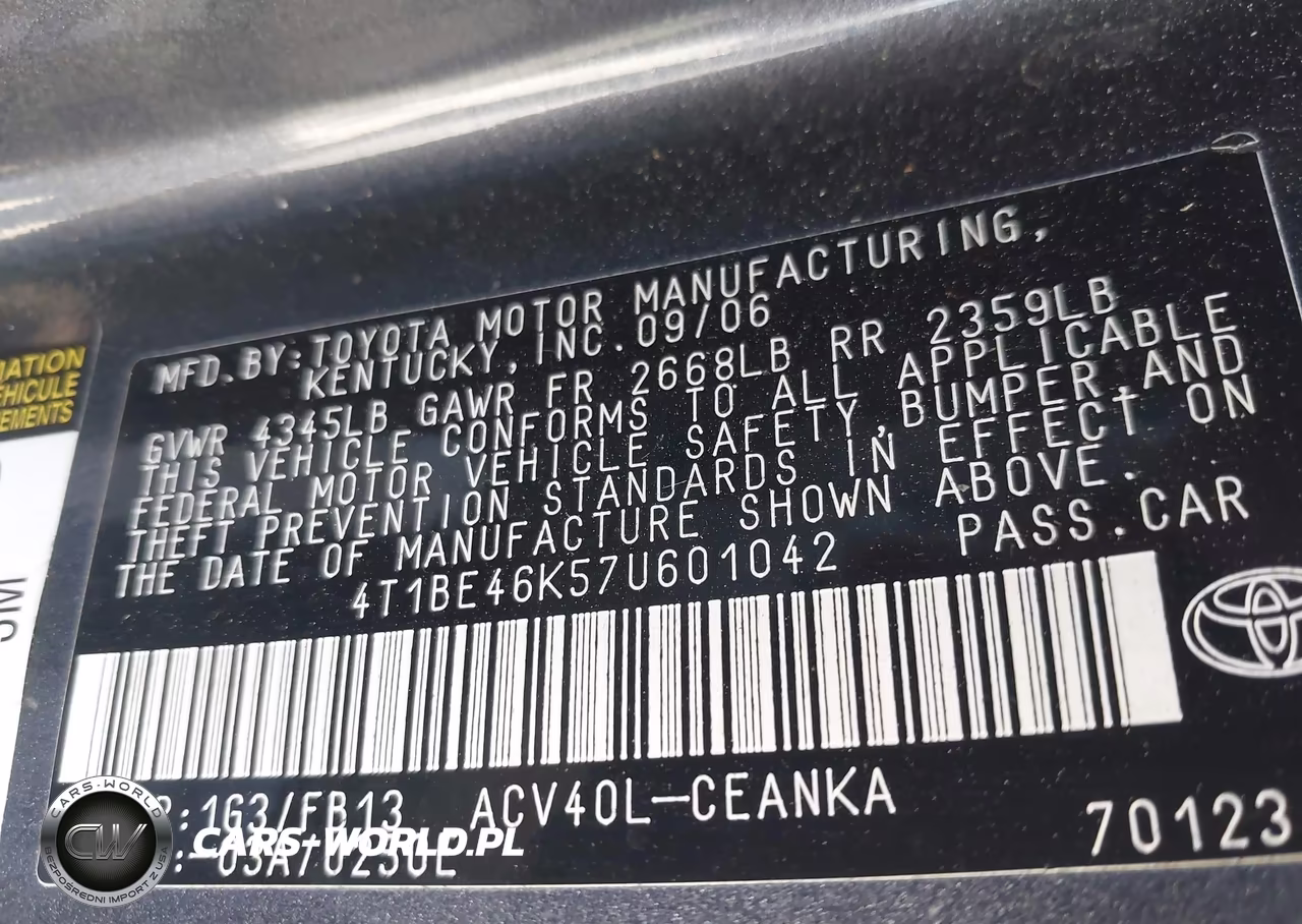 2007 Toyota Camry Le VIN:4T1BE46K57U601042 - 9