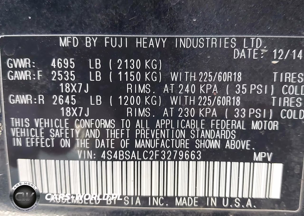 2015 Subaru Outback 2.5I Limited VIN:4S4BSALC2F3279663 - 9