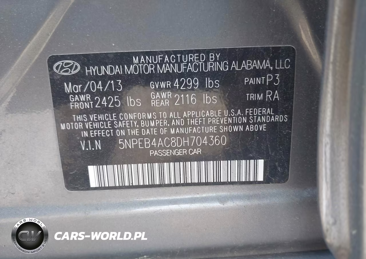 2013 Hyundai Sonata Gls VIN:5NPEB4AC8DH704360 - 9