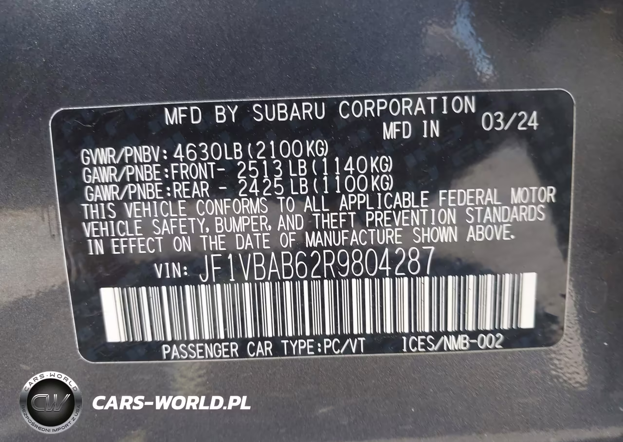 2024 Subaru Wrx VIN:JF1VBAB62R9804287 - 9