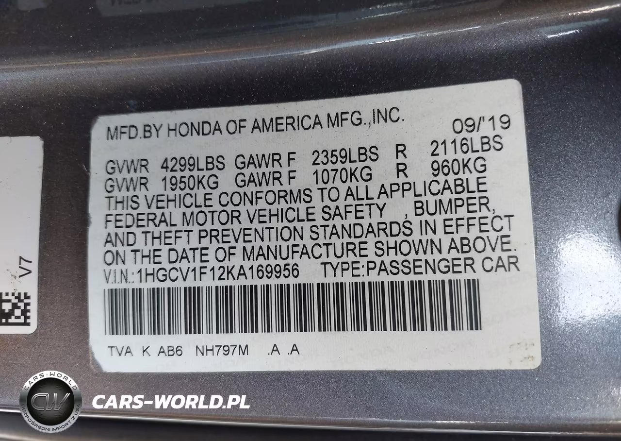 2019 Honda Accord Lx VIN:1HGCV1F12KA169956 - 9