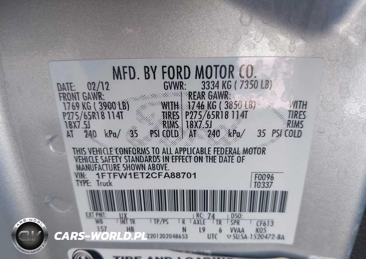 2012 Ford F-150 Lariat VIN:1FTFW1ET2CFA88701 - 9