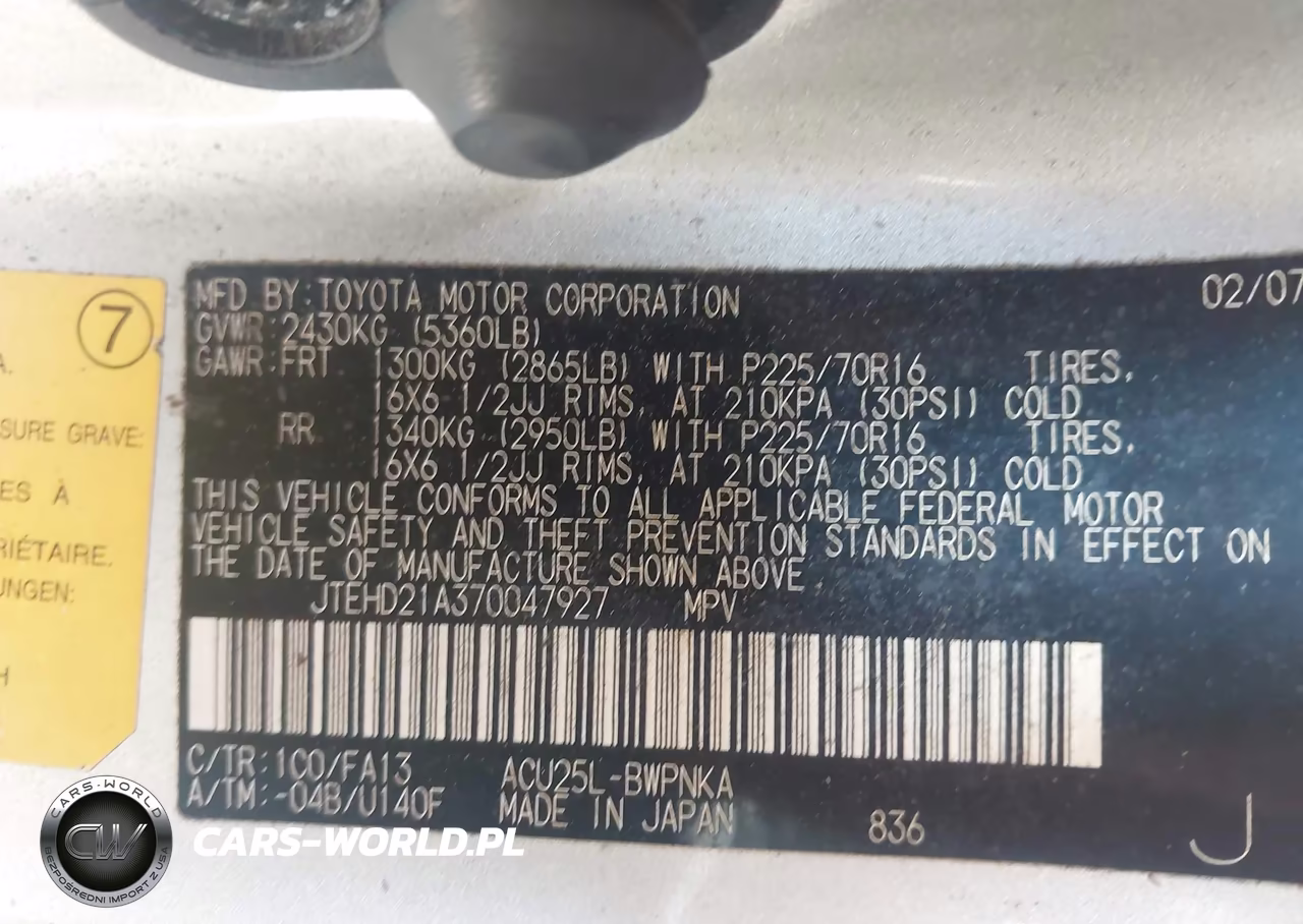 2007 Toyota Highlander VIN:JTEHD21A370047927 - 9