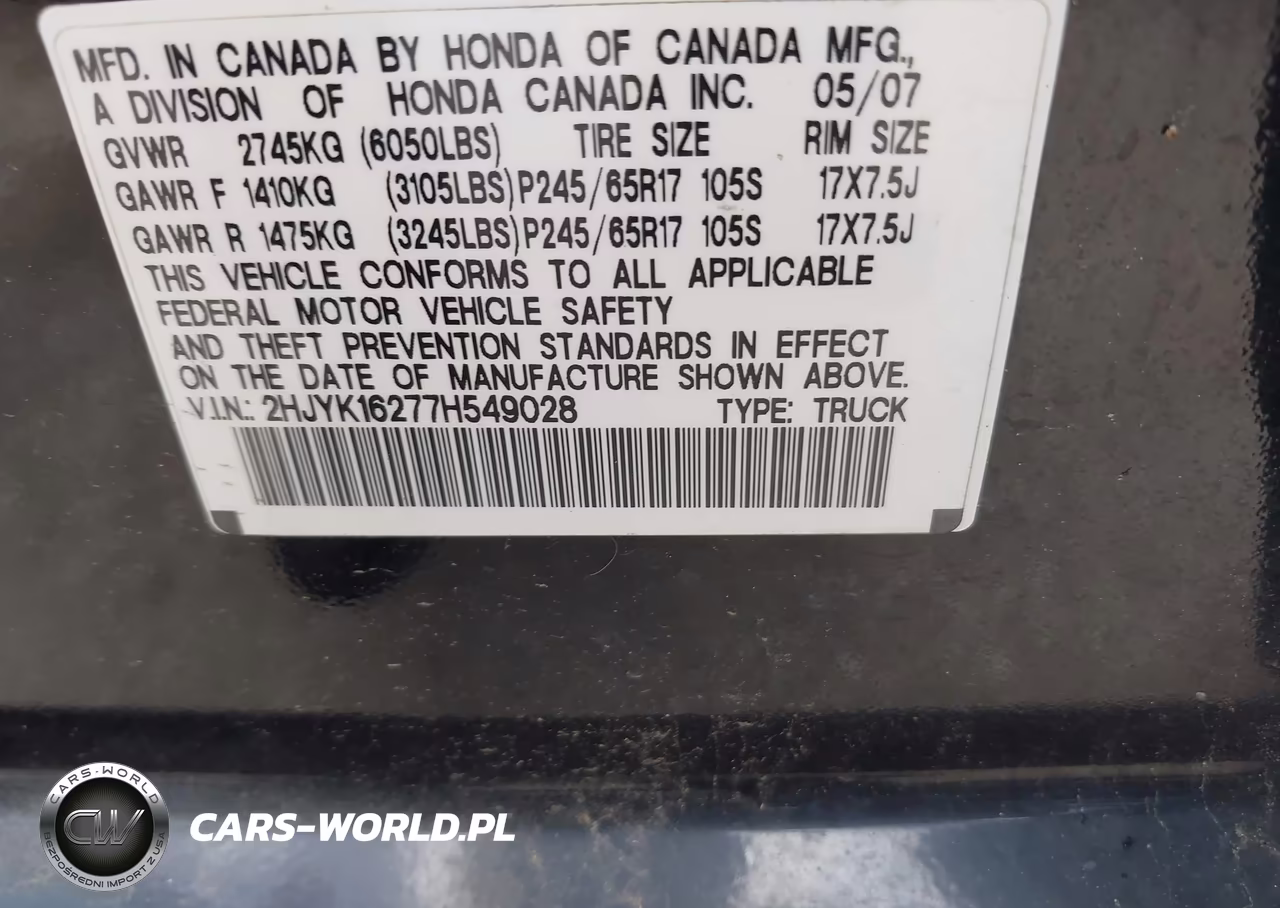 2007 Honda Ridgeline Rt VIN:2HJYK16277H549028 - 9
