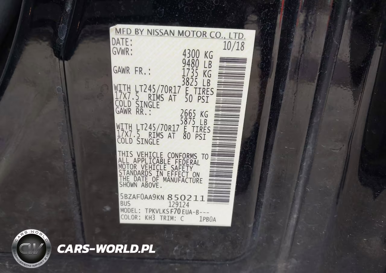 2019 Nissan Nv Passenger Nv3500 Hd Sl V8 VIN:5BZAF0AA9KN850211 - 9